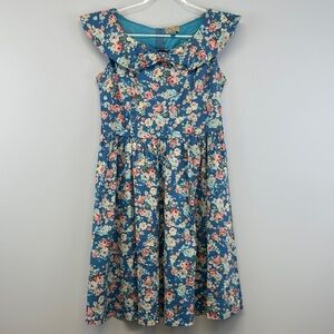 Lindy Bop Retro 50s 60s Blue Floral Swing Dress Rockabilly Vintage XL